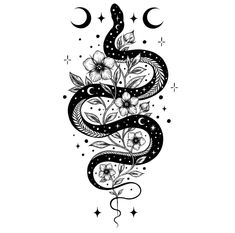 a snake with flowers and stars on it's back, in the shape of a flower