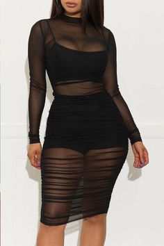 Size(in) Bust Waist Hip Length S 26.8  21.3  26.8  35.0  M 28.7  23.2  28.7  35.4  L 30.7  25.2  30.7  35.8  XL 32.7  27.2  32.7  36.2 Black Non-stretch Mini Dress For Club, Non-stretch Black Bodycon Dress For Club, Summer Black Non-stretch Bodycon Dress, Black Non-stretch Bodycon Dress For Summer, Black Long Sleeve Mesh Dress For Club, Black Long Sleeve Mesh Dress For Summer, Sheer Black Midi Dress For Club, Black Sheer Midi Dress For Club, Black Sheer Midi Length Bodycon Dress