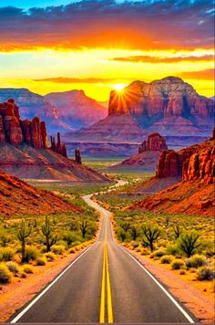 an empty road in the middle of desert with mountains and cactus trees at sunset behind it