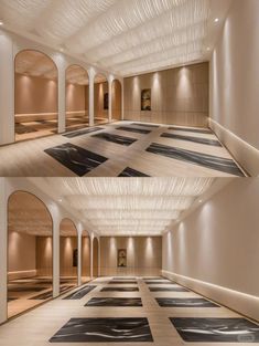 two pictures of the inside of a building with black and white rugs on the floor