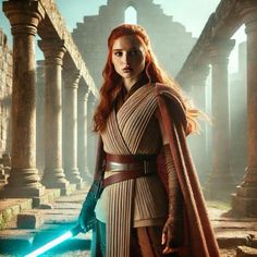 star wars the rise of sky walker character poster with red hair and blue gloves, standing in front of ruins