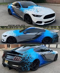 two pictures of the same car with different paint colors and designs on it, one is blue