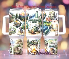 three coffee mugs with pictures of camping related items on them and the words campin's tumbler - free designs