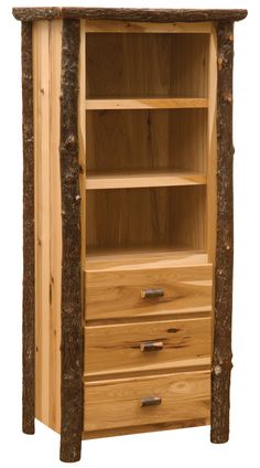 a wooden bookcase with three drawers