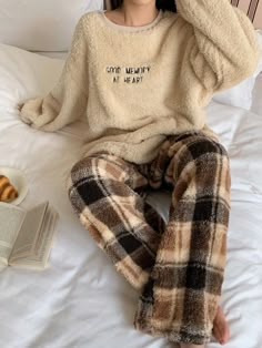 Flannel Thickened Letter Embroidered Top & Plaid Pants Pajama Set Apricot   Long Sleeve Knitted Fabric Letter  Non-Stretch Fall/Winter Women Sleep & Lounge, size features are:Bust: ,Length: ,Sleeve Length: Cute Winter Pajamas For Women, Winter Pyjamas For Women, Winter Pyjama Aesthetic, Pajamas For Winter, Cozy Fall Pajamas, Cute Aesthetic Pjs, Fall Pijama, Winter Pjs Women, Fall Pyjamas