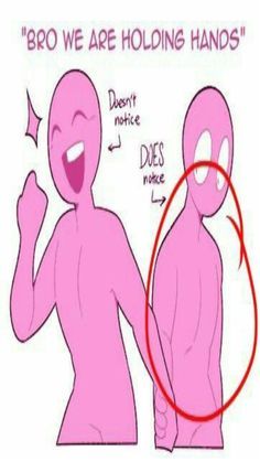 an image of two people with pink faces and one has the words, broo we are holding hands don't notice does not make