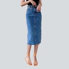 Elevate your summer wardrobe with our 2023 Spring-Summer Collection's 90s-style. long slender jeans skirt! Crafted with a high-waist and stonewashed for a classic. distressed look. this denim masterpiece is the perfect blend of contemporary fashion and nostalgic grunge. With a durable zipper & button closure. you get both functionality and flair.Key Highlights: 90s-inspired Design: Add a classic. effortlessly cool touch to your look. Distinctive Distressed Pattern: Expertly crafted wear and tear Spring High-rise Dark Wash Denim Skirt, Denim Skirt For Spring, Spring Pencil Skirt With Frayed Hem, Trendy Dark Wash Denim Skirt For Summer, Spring Straight Leg Skirt With Frayed Hem, Spring Straight-leg Skirt With Frayed Hem, Trendy Straight Leg Denim Skirt, Medium Wash Pencil Skirt For Summer, Summer Medium Wash Pencil Skirt