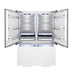 an open refrigerator with two doors and no iceboxes on the bottom left side