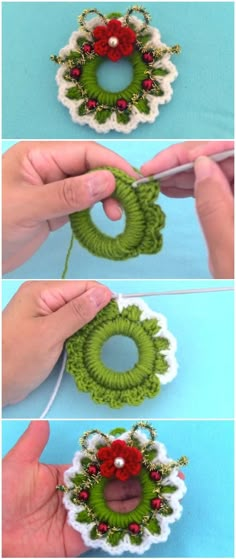 crochet christmas wreath ornament is being worked on