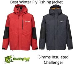 two men's jackets with the words best winter fly fishing jacket and sims insulated challenge