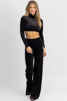 BLACK VELVET CONTRAST STRIPE PANT SET – L'ABEYE Long Sleeve Cropped Top, Crop Top Outfits, Velvet Pants, Black Set, Effortless Chic, Set Outfit, Pant Set, Palazzo Pants, Striped Pants