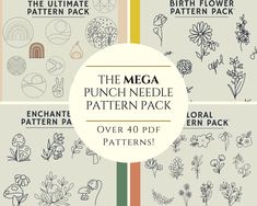 the mega punch needle pattern pack includes over 40 free patterns, including flowers and plants