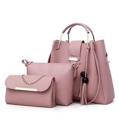 Women's Handbag Crossbody Bag Bag Set Bucket Bag PU Leather 3 Pieces Outdoor Office Valentine's Day Tassel Zipper Chain Large Capacity Solid Color Black Pink Red 2024 - HUF 9069 Tas Bahu, Casual Tote Bag, Pu Leather Bag, Elegant Bags, Handbags Casual, Leather Handbags Women, Tassel Bag, Crochet Bags, Womens Purses