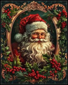 a painting of santa claus surrounded by holly and berries