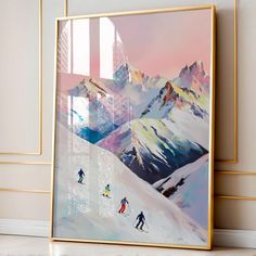 a painting of skiers skiing down a snowy mountain range in front of a window