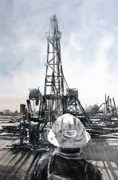 an oil rig is shown in this painting