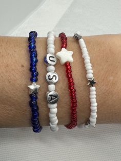 Set of 4 beaded stretch bracelets Louisville Ky, Beaded Stretch Bracelet, Blue Bracelet, Stretch Bracelets, Womens Bracelets, Jewelry Bracelets, Beaded Bracelets, Ships, Stars