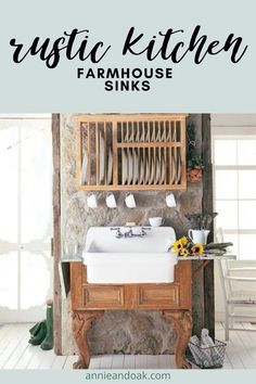 an old fashioned sink in a stone walled room with dishes on the shelf above it