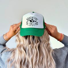 Looking for a cute hat to wear? Make sure to check out our foam trucker hats! These hats are one size fits most, with an adjustable back snap, they are the perfect addition to any casual outfit! Camping Hat, Adventure Is Calling, Mountains Hiking, Nature Mountains, Mom Hats, Hiking Gifts, Going To The Beach, Mountain Hiking, Scarf Hat