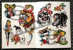 an open book with tattoos on it and some designs in the pages to be colored