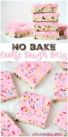 no bake cookie dough bars with sprinkles and pink frosting on top