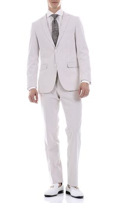 Premium Comfort Cotton Slim Fit Tan Seersucker 2 Piece Suit White Cotton Semi-formal Suit, Summer Cotton Business Suits, Slim Fit Cotton Suit For Spring, Spring Slim Fit Cotton Suits, Casual Tailored White Suits, Casual White Tailored Suit, Semi-formal Cotton Suit For Summer, Cotton Suits For Semi-formal Summer Events, Summer Formal Cotton Suits