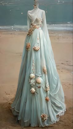 Ocean Inspired Ball Gown, Under The Sea Gala Dress, Prom Dresses Ocean Theme, Ocean Fashion Inspiration, Summer Court Aesthetic Dress, Sea Themed Wedding Dress, Beach Themed Dress, Summer Court Outfit Acotar, Sea Themed Costumes