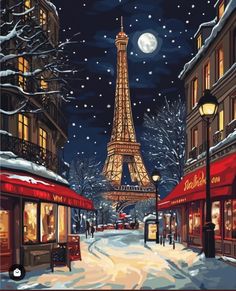 a painting of the eiffel tower in paris at night with snow on the ground