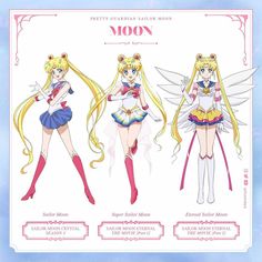 sailor moon paper dolls are shown in three different poses