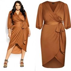 City Chic Opulent Faux Wrap Dress | Plus Size S/16 | Color: Old Gold Condition: Excellent - New With Tags Details & Care Embrace Modern Glamour In This Silky Faux-Wrap Dress Featuring A Tulip Hemline, Elbow Sleeves And A Matching Belt At The Waist. * 51" Center Back Length * Slips On Over Head * Surplice V-Neck * Three-Quarter Sleeves * Back Elastic Waist * Removable Tie Belt * Lined * 100% Polyester * Machine Wash, Line Dry * Imported True To Size. Xxs=12w, Xs=14w, S=16w, M=18w, L= 20w-22w, Xl= Faux Wrap Dresses For Fall Workwear, Orange Midi Dress For Date Night In Fall, Orange Midi Dress For Fall Date Night, Fall Orange Midi Dress For Date Night, Orange Formal Dress For Fall, Formal Orange Dress For Fall, Orange V-neck Midi Dress For Work, Faux Wrap Dress For Date Night In Fall, Orange Fall Dress For Date Night