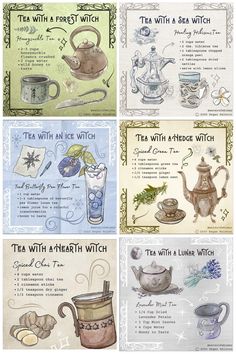 Cottage Witch Recipes, Fantasy Snack Ideas, Witch Food Recipes, Witchy Tea Party, Potions Recipes Witchcraft, Witchcraft Recipes Kitchen Witch, Herbal Tea Recipes Witchcraft, Witchy Tea Aesthetic, Wicca Tea Recipes