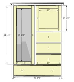 the measurements for an armoire cabinet with drawers and doors, including one door on each side