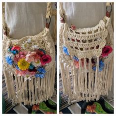 Gauze Lining With Pocket, Silk Flowers Attached With Safety Pins Can Be Removed Or More Added. Dress Sold Separately Macrame Fringe, Vintage Macrame, Bags Vintage, Safety Pins, Safety Pin, Vintage Bags, Silk Flowers, Crossbody Shoulder Bag, Macrame