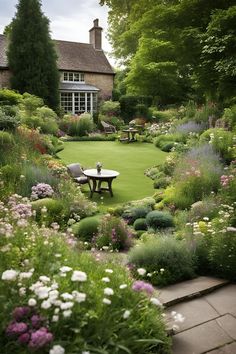 the garden is full of flowers and plants, with a bench in the center surrounded by greenery