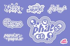 some type of stickers that are white and black on a purple background with the words,