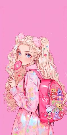 a drawing of a girl with blonde hair wearing a pink dress and holding a backpack