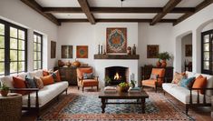 a living room filled with furniture and a fire place in the middle of a room