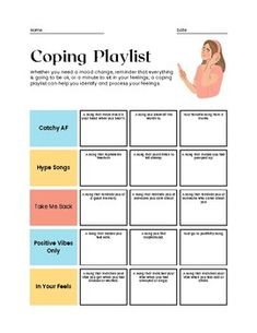 Offer students a new and creative way to cope with their feelings through music. This activity will prompt them to reflect on past and current feelings and match songs with their mood.  It is important to teach students to feel their feelings and not stuff them down or push them aside. This is an active way for students to process their feelings. This activity can be done in a class guidance lesson, as homework, beginning or end of class activity, or in small groups. Happiness Activities For Students, Creative Recovery Activities, Group Counseling Activities High School, Affirmation Activities For Adults, Recovery Activities And Games, Winter Therapy Activities For Kids, Ctss Activities, Self Care Activity For Teens, Therapy Tools For Teens