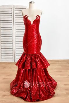 Sparkly Red Sequin Flame Neckline Trumpet Long Prom Dress - Lunss Unique Prom Themes, Outfit Drawings, Prom Dress Strapless, Fire Fairy, Custom Made Prom Dress, Prom Themes, Dress Train, Fabric Glitter, Fire Flame