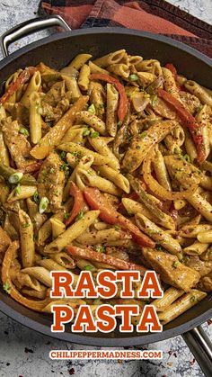 Rasta Pasta served in a big skillet Peppered Shrimp, Caribbean Dinner, Jerk Chicken Pasta, Rasta Pasta Recipe, Spicy Pasta Recipes, Spicy Chicken Pasta, Jamaican Chicken, Rasta Pasta, Chili Pepper Recipes