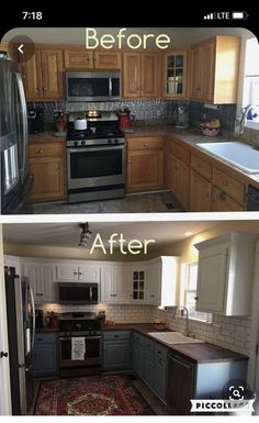 before and after pictures of a kitchen remodel with white cabinets, stainless steel appliances