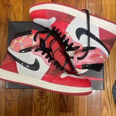 Men’s Us 7 - Only Worn A Couple Times. Two Small Red Marks On Each Of The Toe Boxes (Factory Defect). Shoes Jordan 1, Spider Man Across The Spider Verse, Across The Spider Verse, Shoes Jordan, Jordan 1 High Og, Red Marks, Jordan 1 High, Jordans For Men, Spider Verse