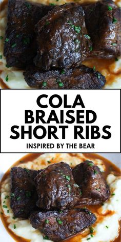 two pictures with the words cola braised short ribs in gravy over mashed potatoes