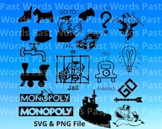 many different types of logos and symbols on a blue background with the word monopoly written below them