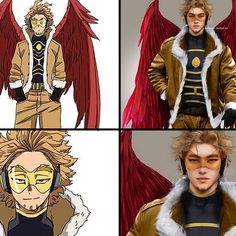 three pictures of an anime character with red wings on his head, and another photo of the same character in different poses