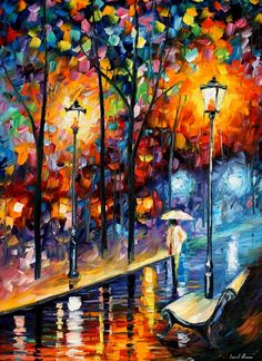 an oil painting of a person holding an umbrella in the rain near a street light