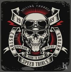 a skull with goggles and ribbons on the background is an emblem for bikers