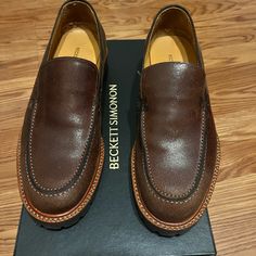 A Bit Too Big For Me They Fit Like A Size 9 But Nearly Brand New. Mocha Brown Men’s Loafers From Beckett Simonon. Handmade From Colombia Brown Business Loafers With Vibram Sole, Brown Slip-on Loafers With Vibram Sole, Formal Slip-on Moccasins With Vibram Sole, Casual Goodyear Welted Slip-on Dress Shoes, Casual Slip-on Dress Shoes With Goodyear Welt, Mocha Brown, Shoes Men, Slip Ons, Loafer Shoes