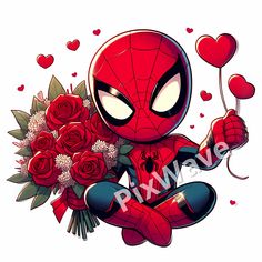 a spiderman with roses and hearts on his chest sitting in front of a white background