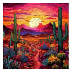 a painting of a desert scene with cactus trees and mountains in the background at sunset